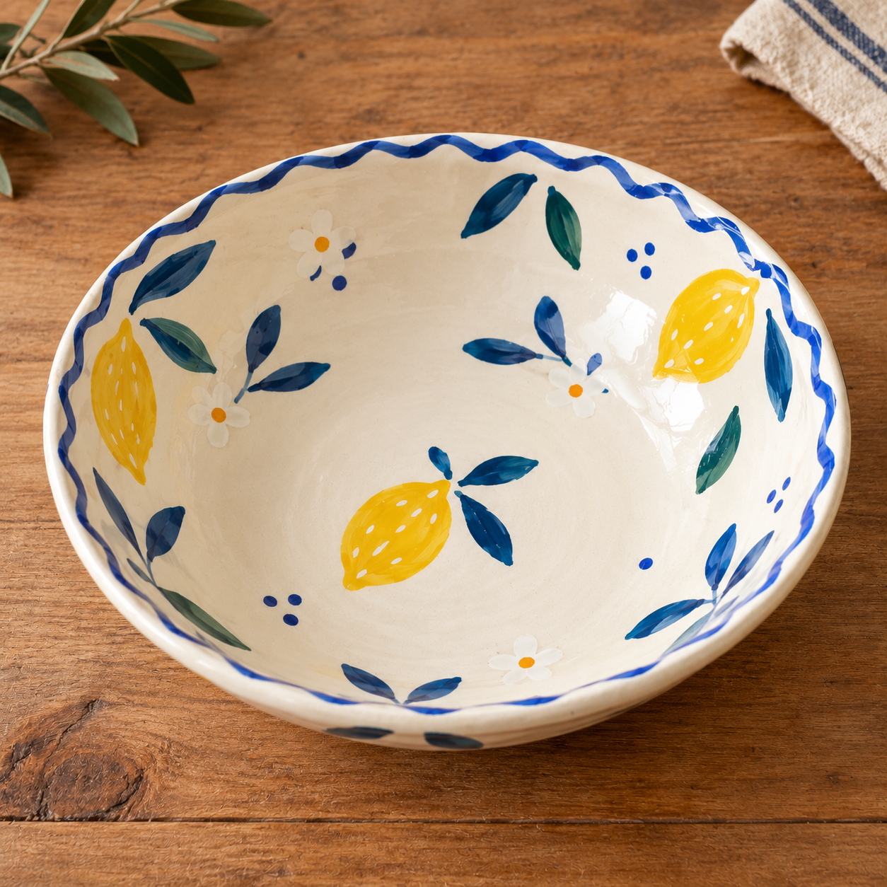 Bol décoré de citrons sur table rustique